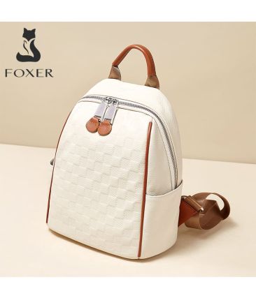Δερμάτινο Γυναικείο Σακίδιο Πλάτης Foxer SF900116YF Μπεζ | Signature Μοτίβο | Καθημερινή Οργάνωση & Στυλ