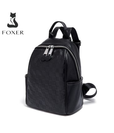 Δερμάτινο Γυναικείο Σακίδιο Πλάτης Foxer SF900116YF Μαύρο | Signature Μοτίβο | Καθημερινή Οργάνωση & Στυλ