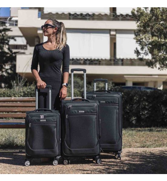 Σετ 3 Υφασμάτινες Βαλίτσες Cardinal 3300 Καμπίνας, Μεσαία & Μεγάλη Μαύρο | Ολοκληρωμένο Combo από Ανθεκτικό Ύφασμα & 4 Τροχοί Spinner
