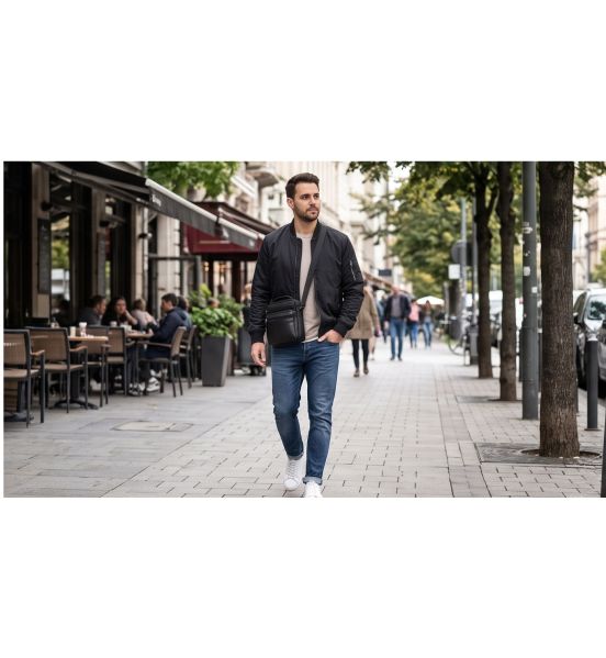 Ανδρικό Δερμάτινο Τσαντάκι Ώμου ACROSS 05B Μαύρο (19x25cm) με 5 Εξωτερικές Τσέπες & Φαρδύ Αποσπώμενο Ιμάντα (4cm