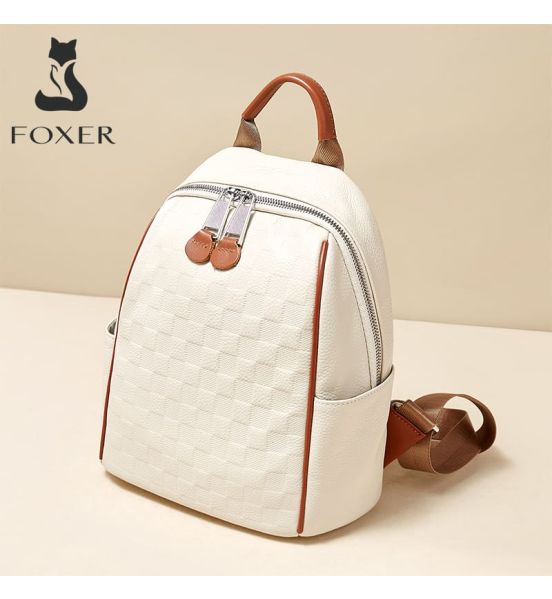 Δερμάτινο Γυναικείο Σακίδιο Πλάτης Foxer SF900116YF Μπεζ | Signature Μοτίβο | Καθημερινή Οργάνωση & Στυλ