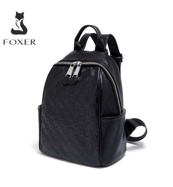 Δερμάτινο Γυναικείο Σακίδιο Πλάτης Foxer SF900116YF Μαύρο | Signature Μοτίβο | Καθημερινή Οργάνωση & Στυλ